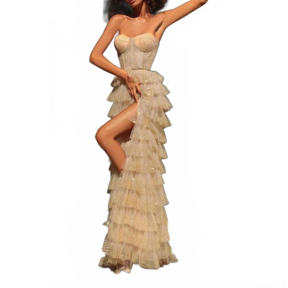 NEW TARIK EDIZ sweetheart neckline evening gown in gold
